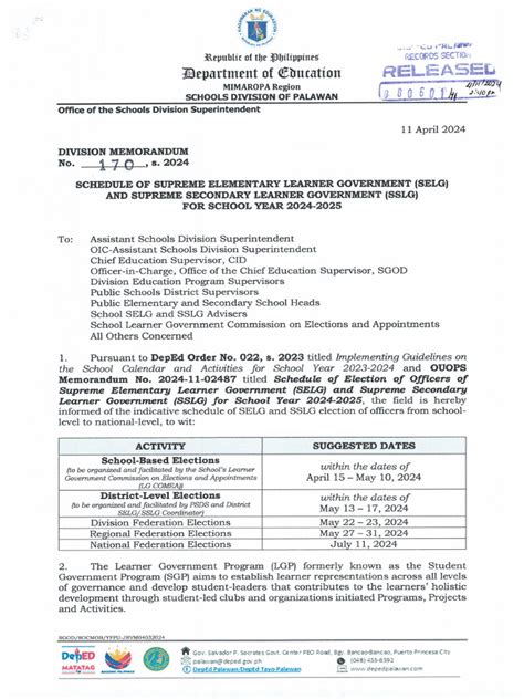 DM 123, s. 2024 – Schedule of the Supreme Elementary Learner .